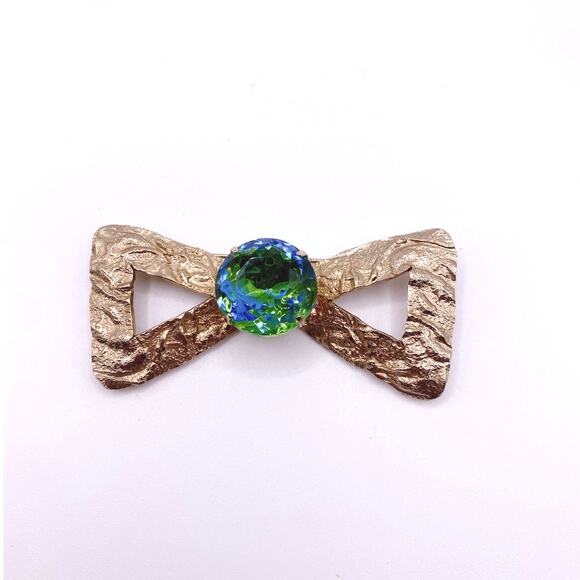 Vintage Brooch Bow with Bohemian Green and Blue Glass 2” long - Picture 2 of 8